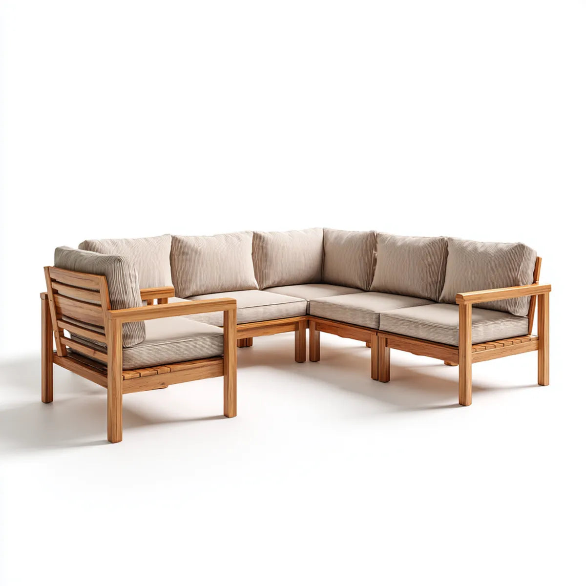 Salon de jardin d'angle 5 places beige en bois d'acacia massif 220 x 220 x 75 cm forme L