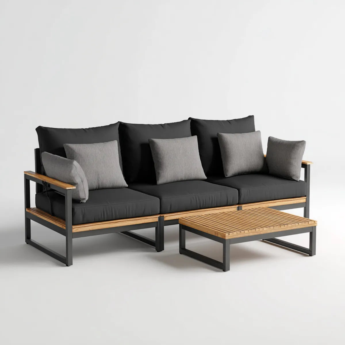 Salon de jardin 3 places avec table basse noir gris et naturel en acier et bois d'acacia 205 x 75 x 78 cm
