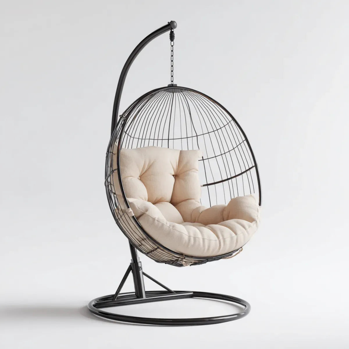 Fauteuil suspendu œuf noir et beige en acier avec coussins en polyester ovale 105 x 95 x 195 cm