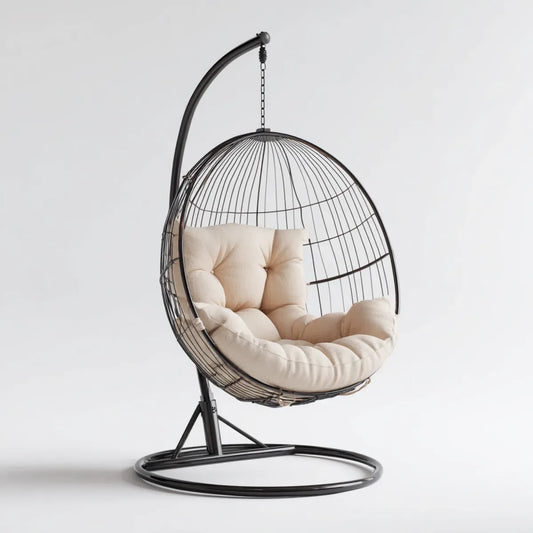 Fauteuil suspendu œuf noir et beige en acier avec coussins en polyester ovale 105 x 95 x 195 cm