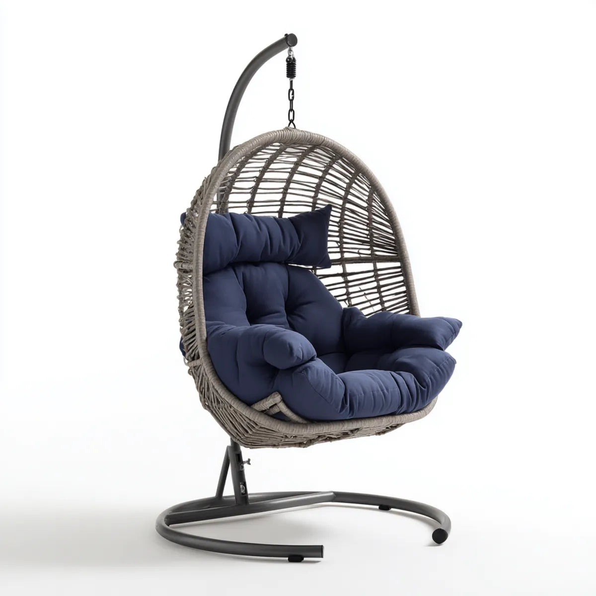 Fauteuil suspendu de jardin sur pied gris et bleu en acier et rotin PE 105 x 105 x 195 cm