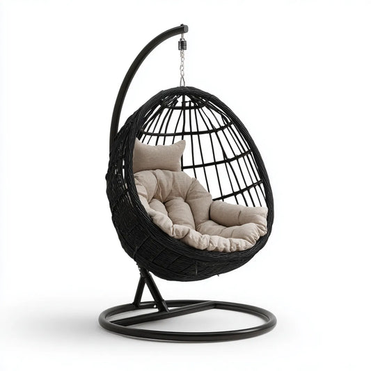 Fauteuil suspendu œuf avec support noir et coussin beige 105 x 105 x 195 cm en acier et polyéthylène