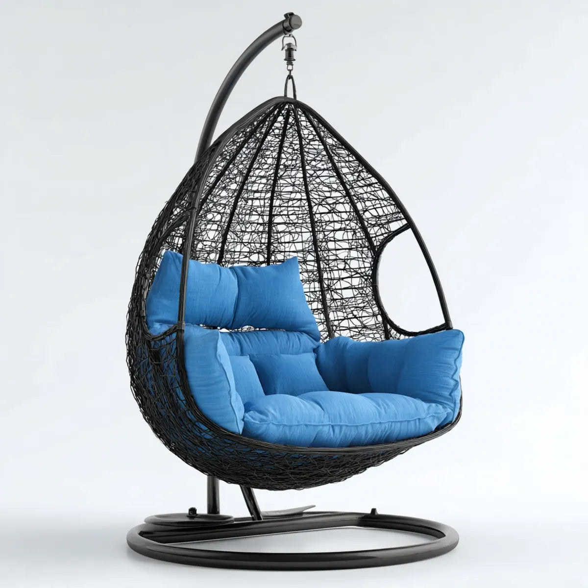 Fauteuil suspendu œuf noir et bleu avec support en acier et résine tressée 105 x 105 x 195 cm