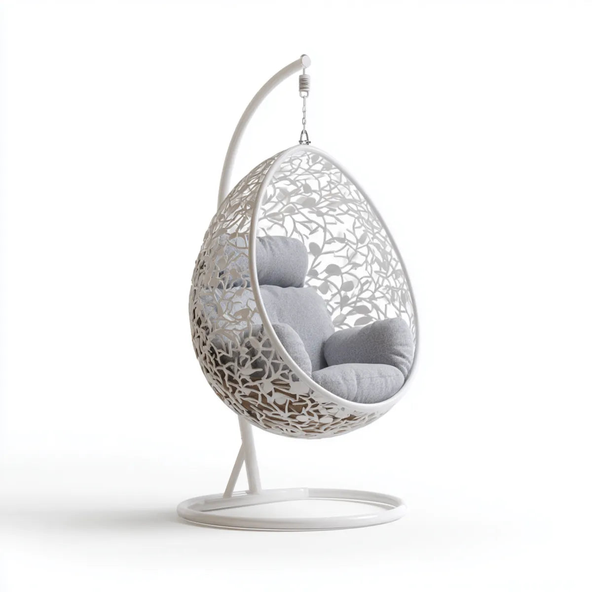 Fauteuil suspendu œuf sur pied blanc avec coussins gris en acier et polyéthylène 105 x 105 x 195 cm