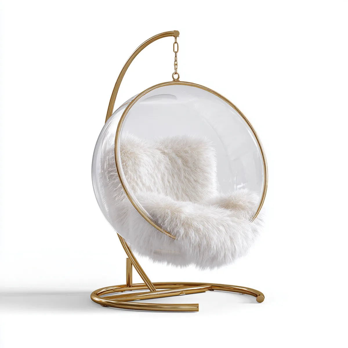 Fauteuil suspendu sur pied transparent doré en PMMA avec coussin blanc 95 x 75 x 170 cm