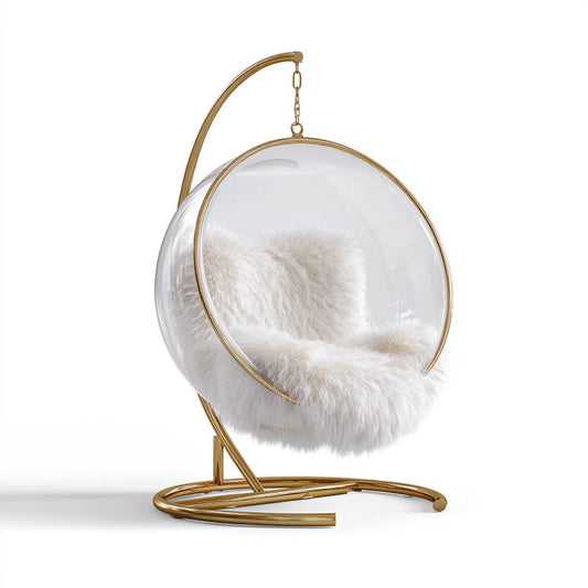 Fauteuil suspendu sur pied transparent doré en PMMA avec coussin blanc 95 x 75 x 170 cm