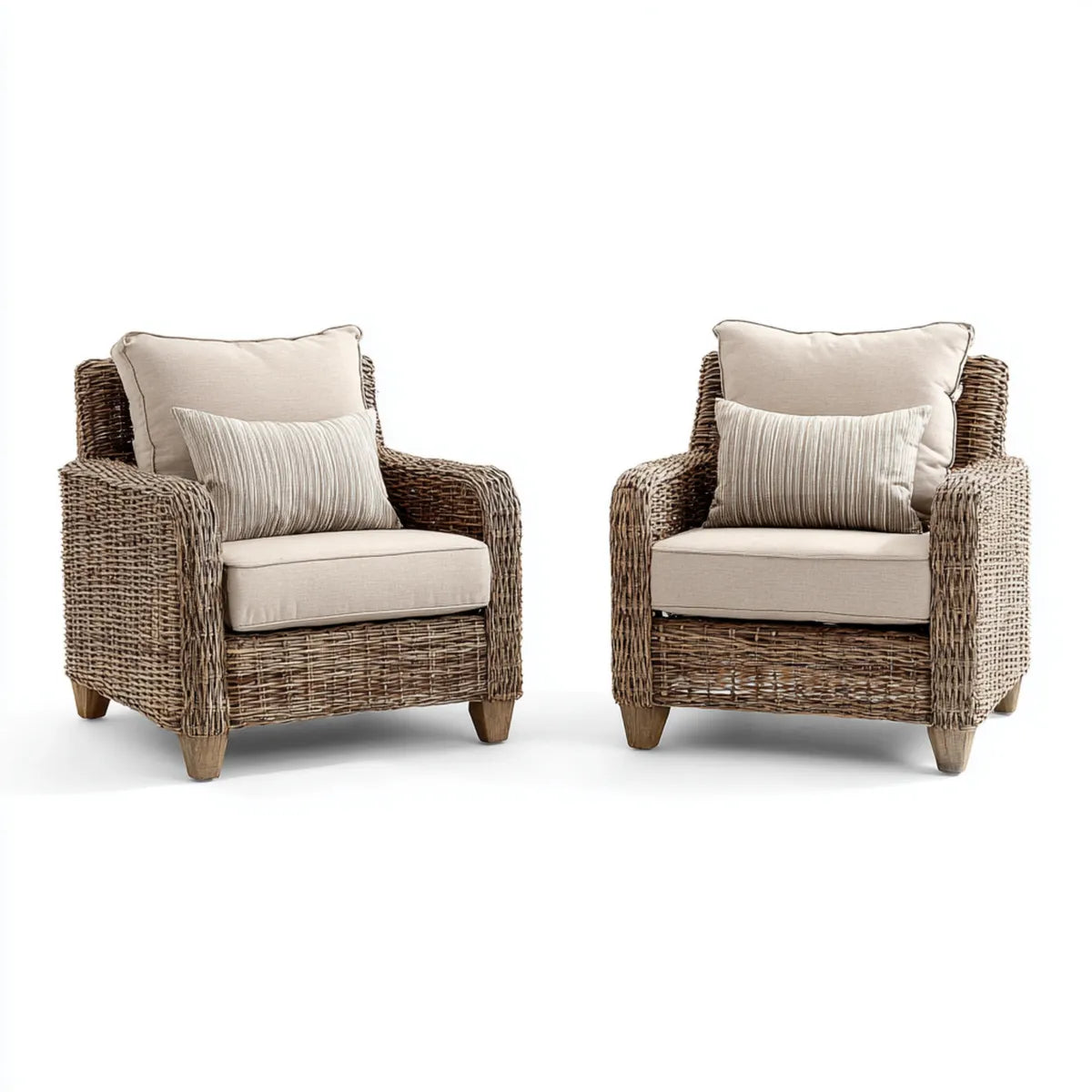 Lot de 2 fauteuils lounge de jardin en rotin naturel marron avec coussins beige forme rectangulaire 78 x 82 x 88 cm
