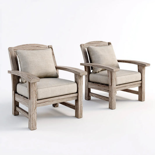 Lot de 2 fauteuils lounge de jardin beige et brun en bois massif d'acacia avec coussins 73 x 78 x 88 cm