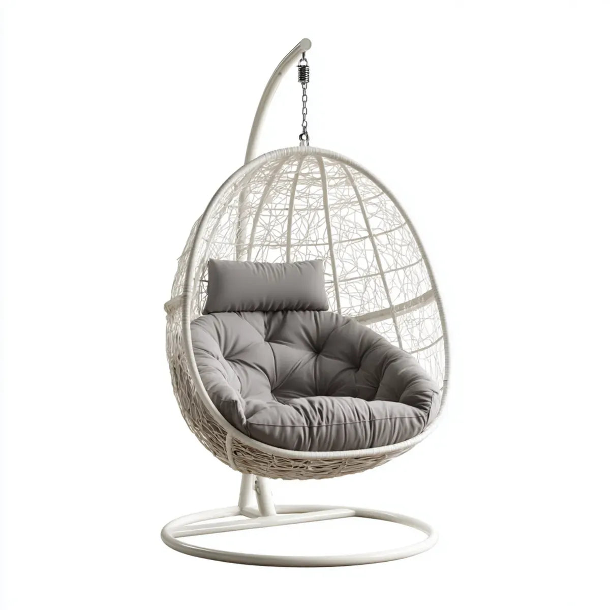 Fauteuil suspendu œuf blanc avec coussin gris en résine tressée et acier 105 x 105 x 195 cm