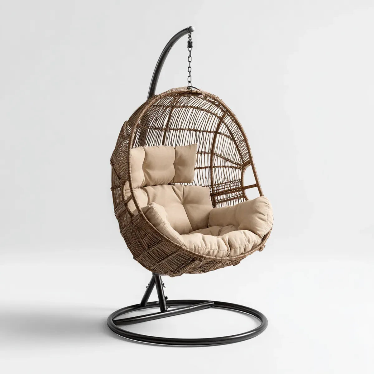 Fauteuil suspendu sur pied ovale beige et brun 105 x 105 x 200 cm en rotin naturel et acier