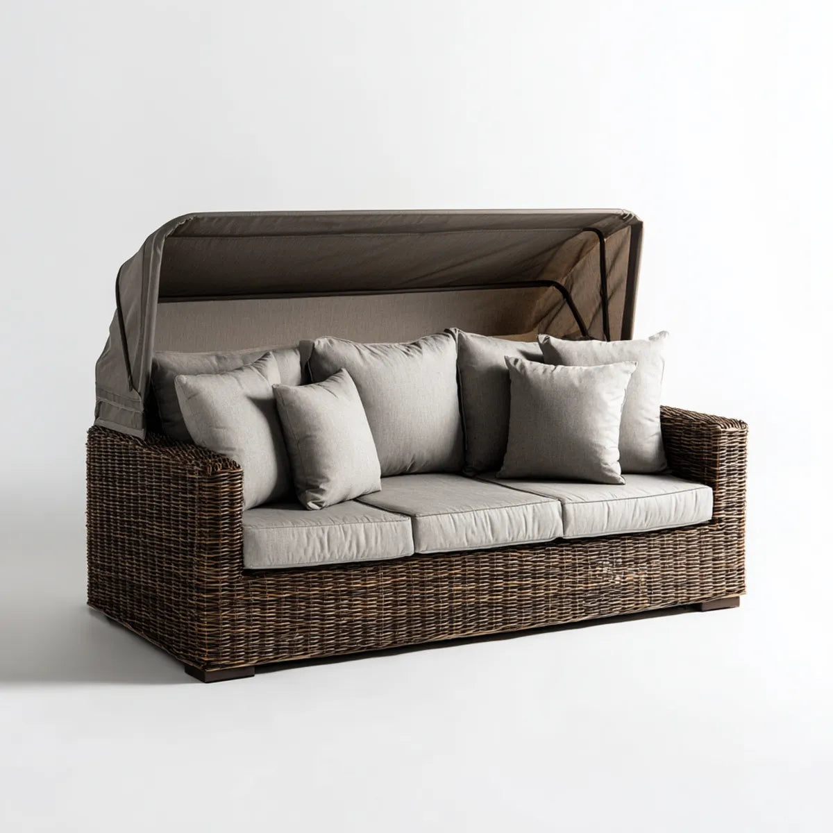 Canapé de jardin 3 places avec toit rétractable marron et gris en résine tressée PE 210 x 85 x 175 cm rectangulaire