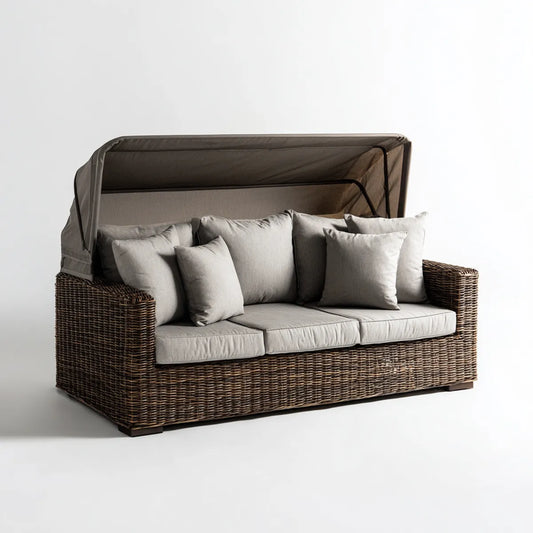 Canapé de jardin 3 places avec toit rétractable marron et gris en résine tressée PE 210 x 85 x 175 cm rectangulaire