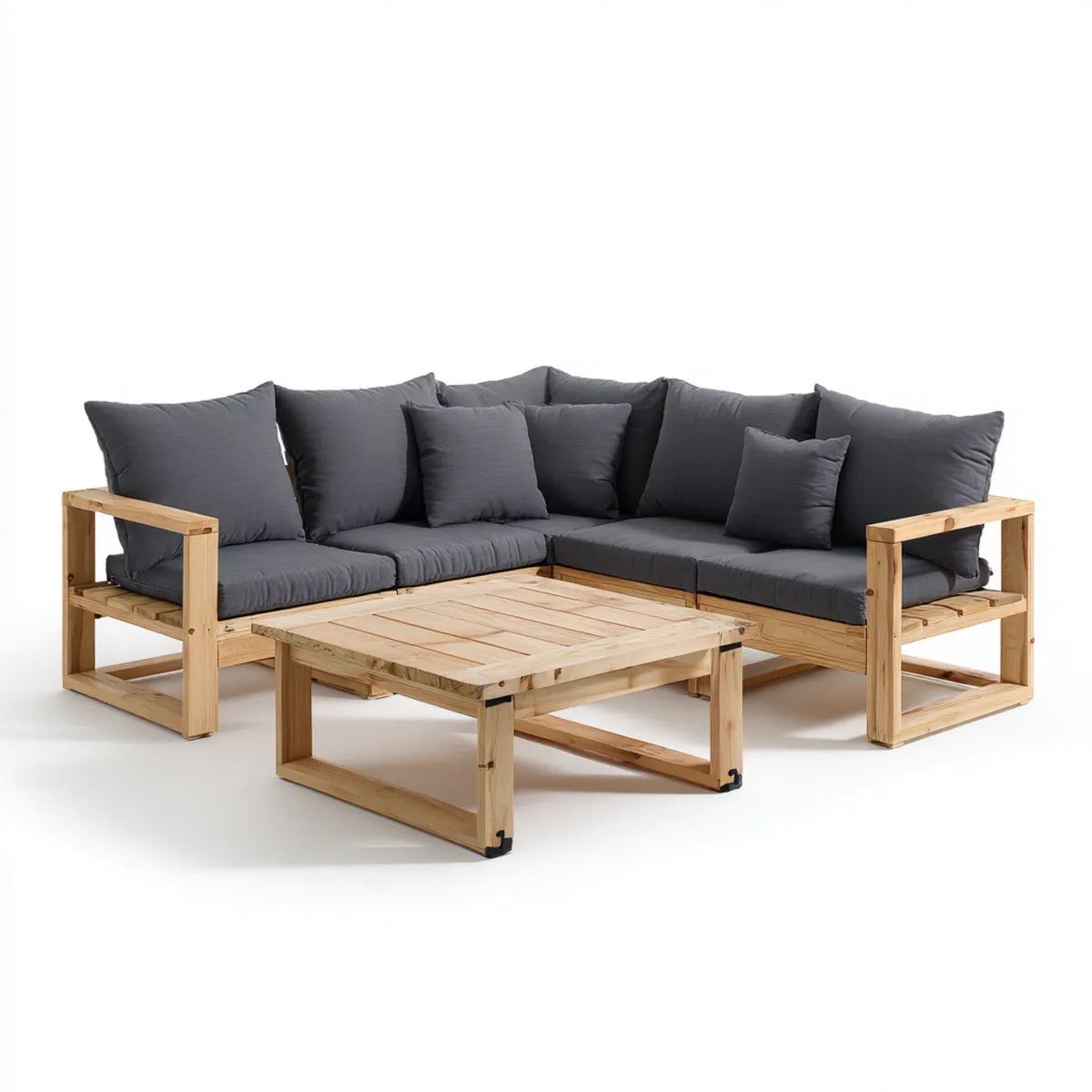 Salon de jardin d'angle 4 places avec table basse gris anthracite en pin massif 240 x 180 cm