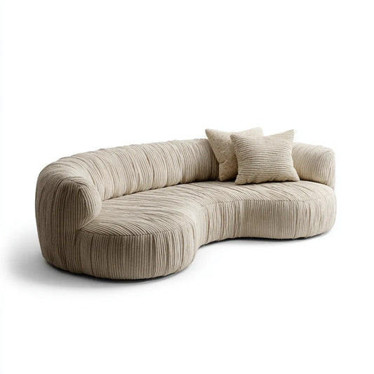 Canapé 3 places incurvé beige en velours côtelé polyester 260 x 110 x 72 cm