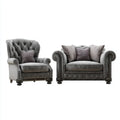 Ensemble canapé 2 places et fauteuil Chesterfield gris en velours 100 % polyester à accoudoirs arrondis 170 x 95 x 100 cm et 105 x 95 x 110 cm