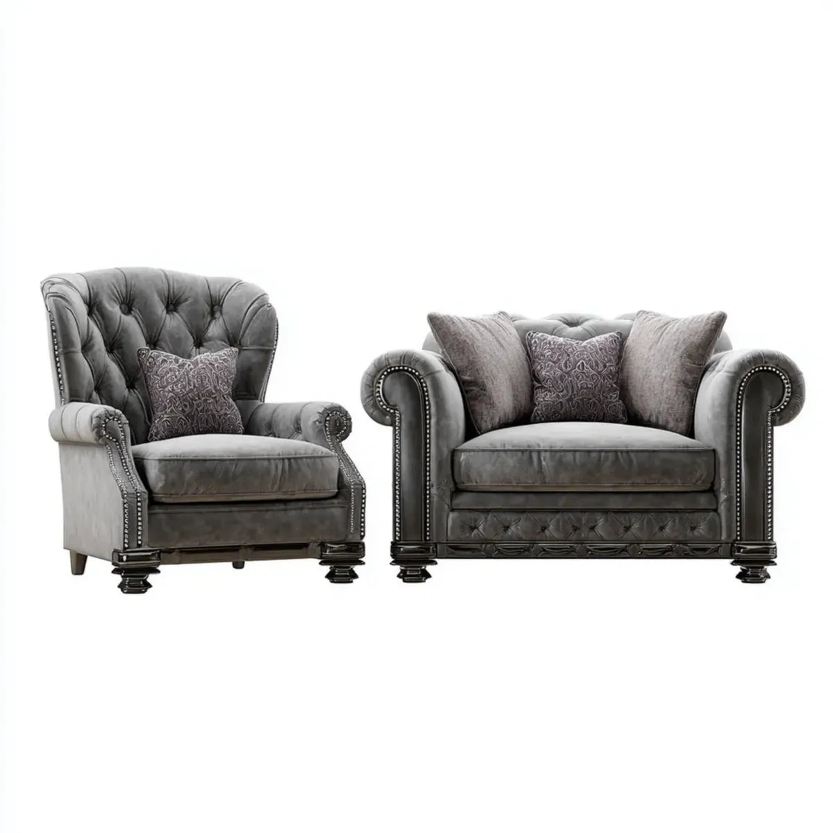 Ensemble canapé 2 places et fauteuil Chesterfield gris en velours 100 % polyester à accoudoirs arrondis 170 x 95 x 100 cm et 105 x 95 x 110 cm