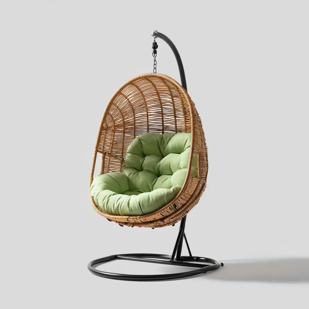 Fauteuil suspendu sur pied en rotin naturel vert avec coussin rond 95 x 100 x 195 cm