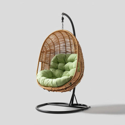 Fauteuil suspendu sur pied en rotin naturel vert avec coussin rond 95 x 100 x 195 cm