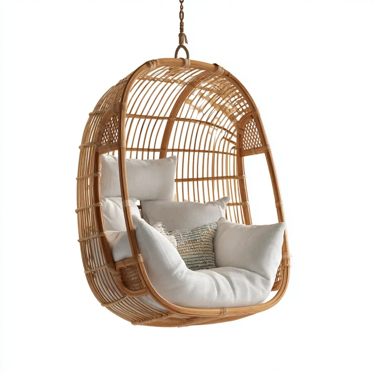 Fauteuil suspendu œuf en rotin naturel avec coussins blancs 120 x 80 x 120 cm