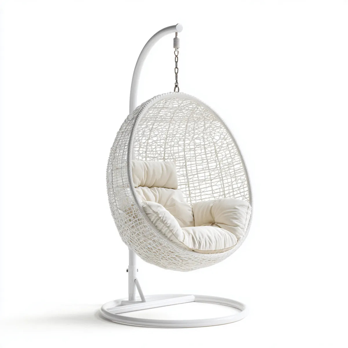 Fauteuil suspendu œuf sur pied blanc en acier et rotin PE 105 x 105 x 195 cm