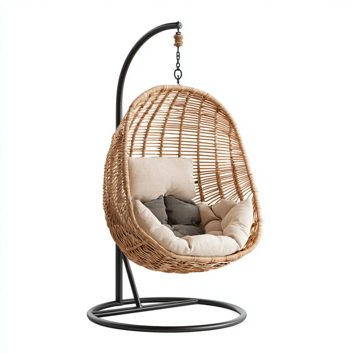 Fauteuil suspendu ovale sur pied en rotin naturel avec coussins support en acier noir 105 × 105 × 195 cm beige gris