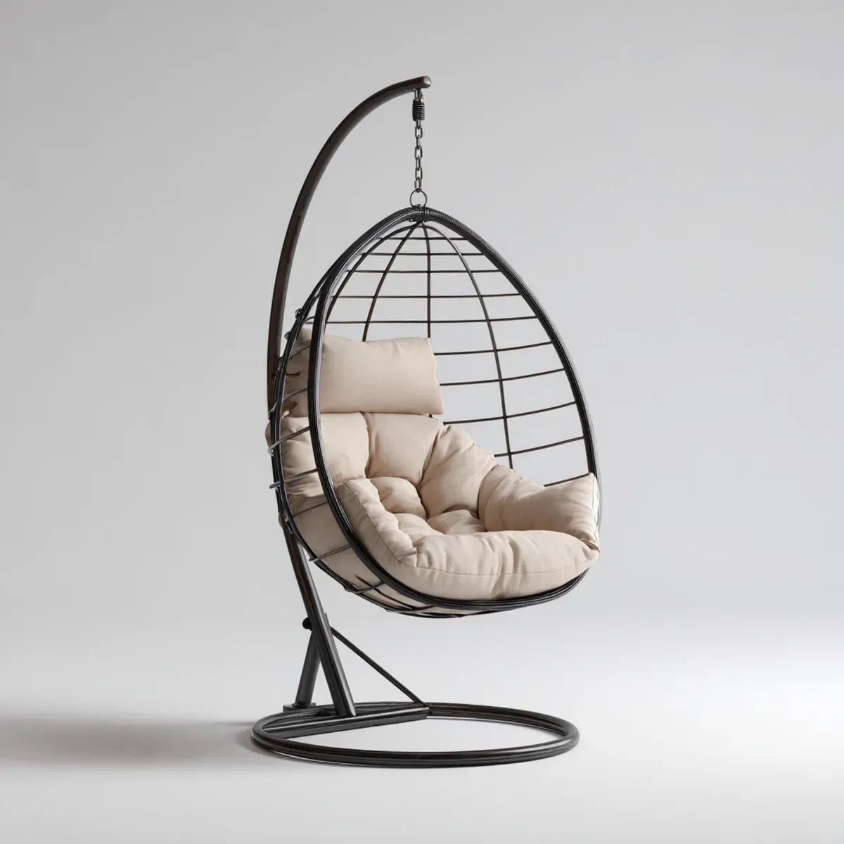 Fauteuil suspendu sur pied noir et beige en acier et polyester forme œuf 95 x 95 x 195 cm