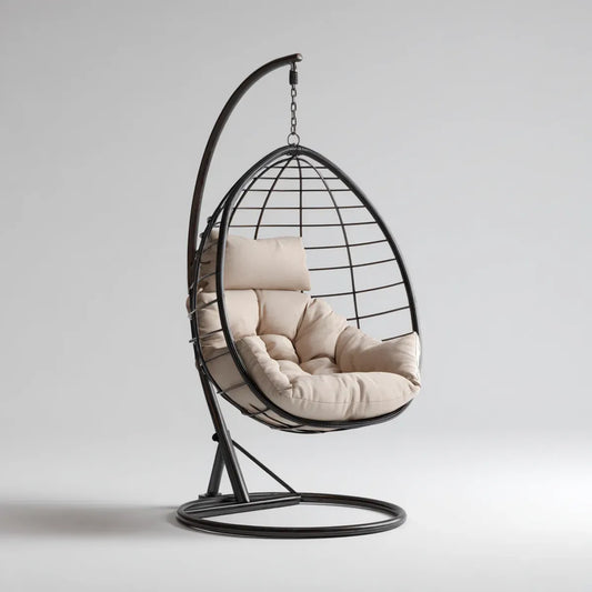 Fauteuil suspendu sur pied noir et beige en acier et polyester forme œuf 95 x 95 x 195 cm