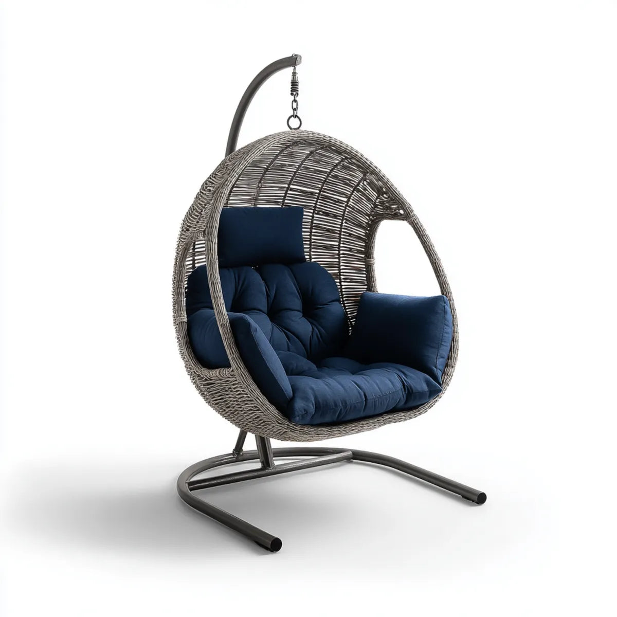Fauteuil suspendu œuf avec support gris et bleu marine en résine PE et acier 105 x 105 x 195 cm