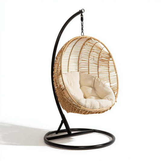 Fauteuil suspendu sur pied noir et naturel en acier et rotin rond 105 x 95 x 195 cm