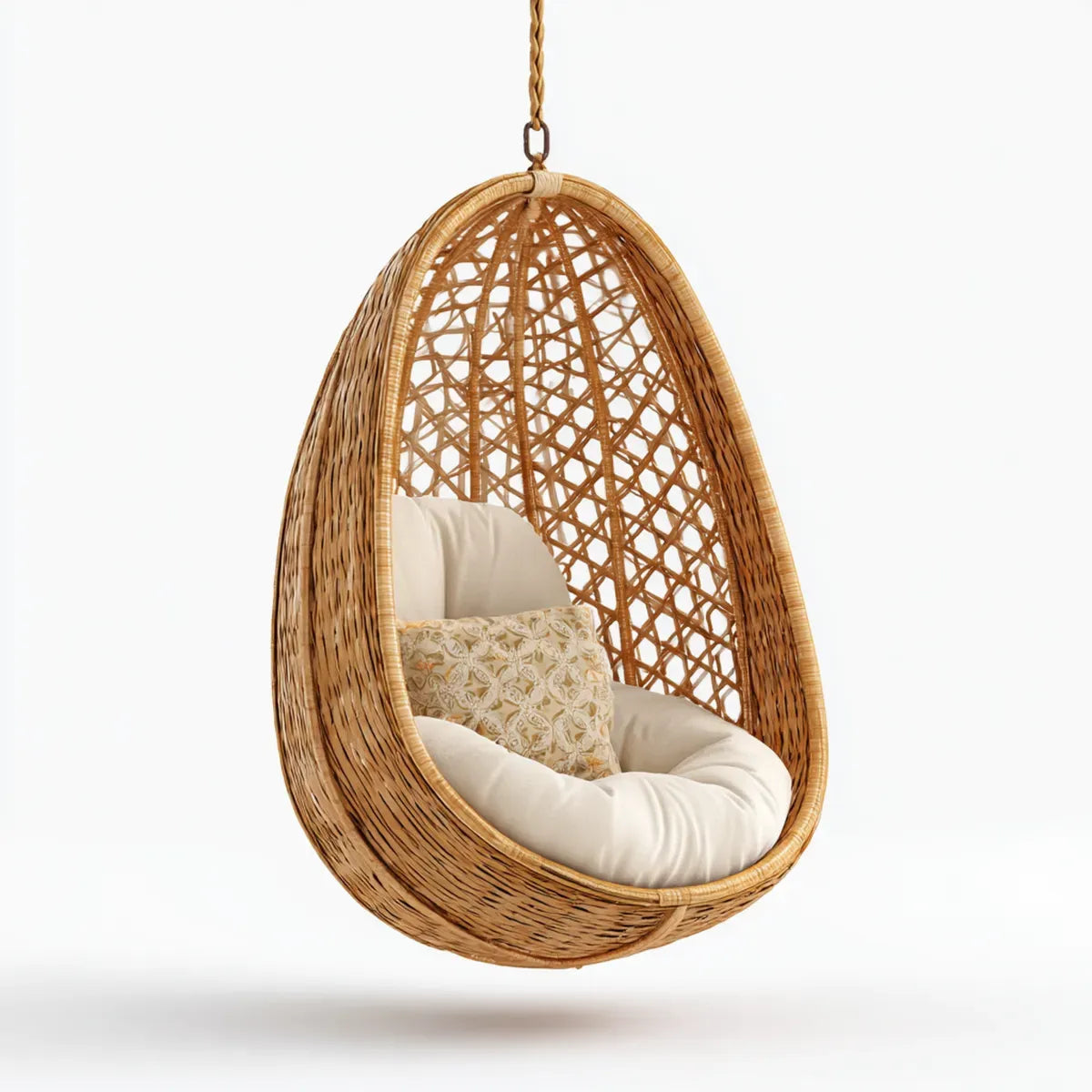 Fauteuil suspendu œuf en rotin naturel beige avec coussins 95 x 75 x 120 cm