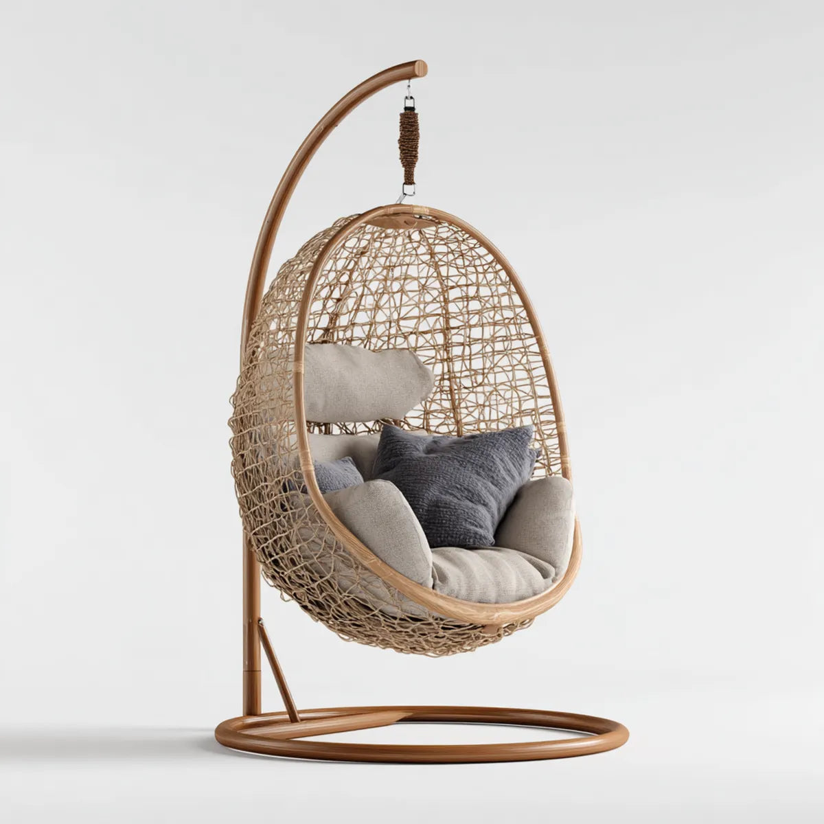 Fauteuil suspendu sur pied brun en rotin synthétique PE avec coussins polyester 105 x 105 x 195 cm